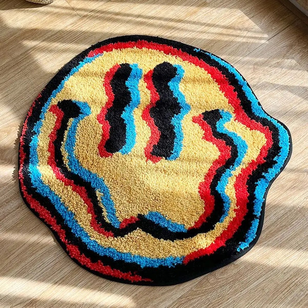 trippy holographic smiley emoji smiling face tufted rug area rug home decor maximalist fun homewares interior