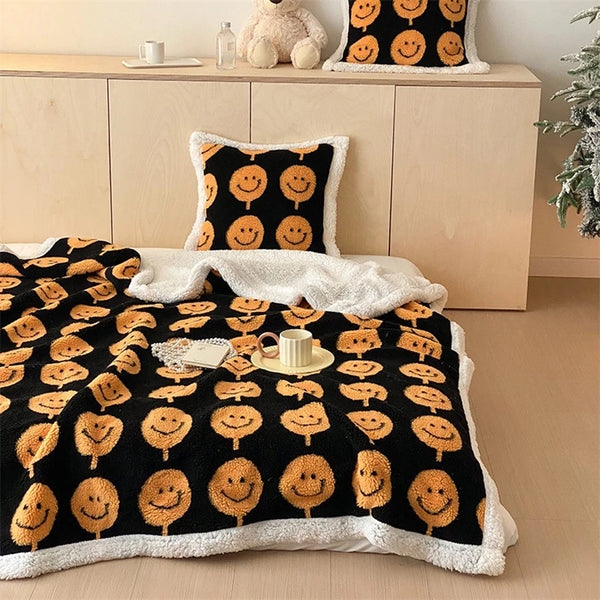 smiley happy face emoji colorful colourful soft fleece plush throw blanket living room decor homewares
