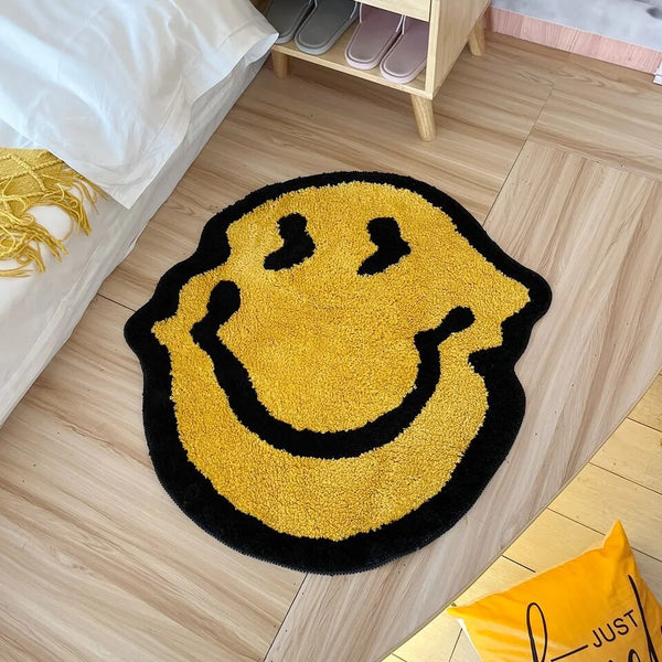 trippy holographic smiley emoji smiling face tufted rug area rug home decor maximalist fun homewares interior