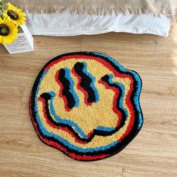 trippy holographic smiley emoji smiling face tufted rug area rug home decor maximalist fun homewares interior