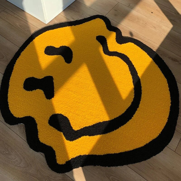 trippy holographic smiley emoji smiling face tufted rug area rug home decor maximalist fun homewares interior