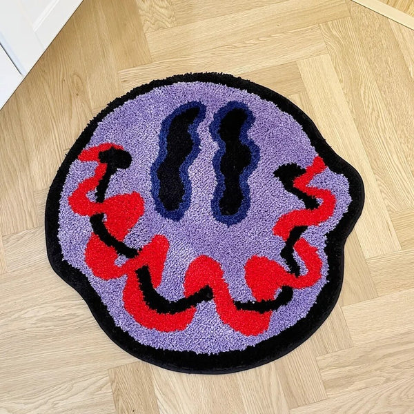 trippy holographic smiley emoji smiling face tufted rug area rug home decor maximalist fun homewares interior