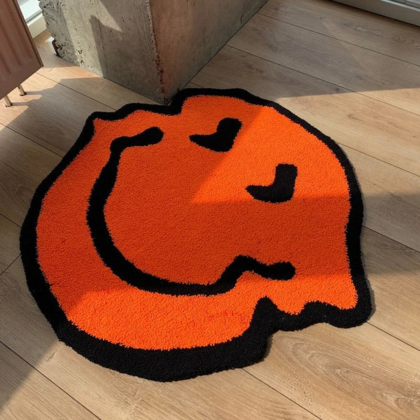 trippy holographic smiley emoji smiling face tufted rug area rug home decor maximalist fun homewares interior