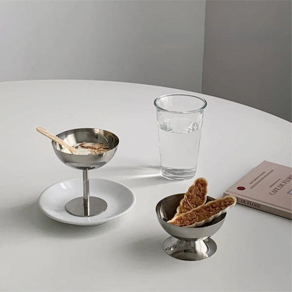 stainless steel ice cream cup dessert bowl serving dish coupe silver bauhaus inspired kitchen and dining chic stylish dinner plate