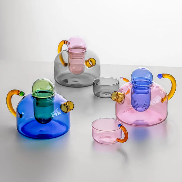 PASTEL COLORS COLOURS HEAT RESISTANT BOROSILICATE GLASS TEAPOT TEACUP TEA SET CANDY PASTEL KITCHEN AND DINING