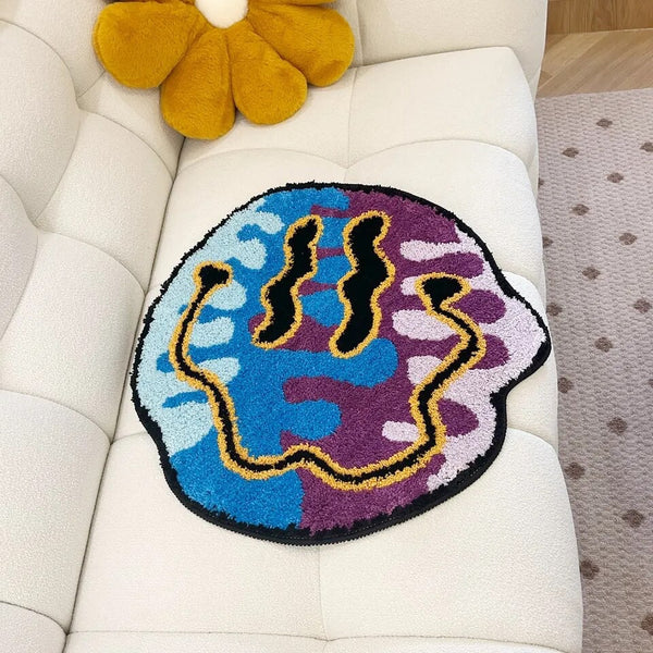 trippy holographic smiley emoji smiling face tufted rug area rug home decor maximalist fun homewares interior