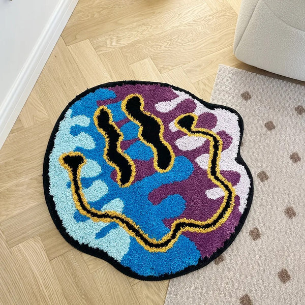 trippy holographic smiley emoji smiling face tufted rug area rug home decor maximalist fun homewares interior