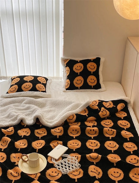 smiley happy face emoji colorful colourful soft fleece plush throw blanket living room decor homewares