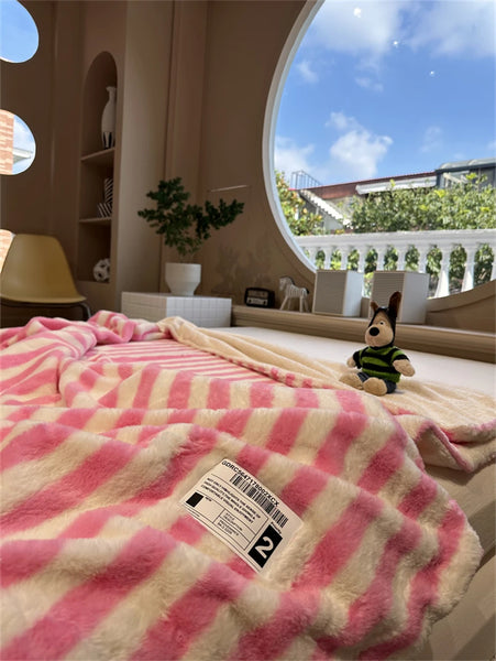 striped plush fleece blanket throw sofa bedding bedroom living room maximalist decor blue green pink cute colorful homewares