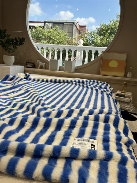 striped plush fleece blanket throw sofa bedding bedroom living room maximalist decor blue green pink cute colorful homewares