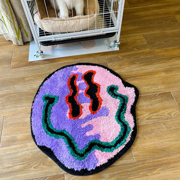 trippy holographic smiley emoji smiling face tufted rug area rug home decor maximalist fun homewares interior