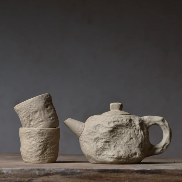 wabi sabi nordic japandi teapot set with two cups stone natural tea party tea pot espresso cup kitchen and dining