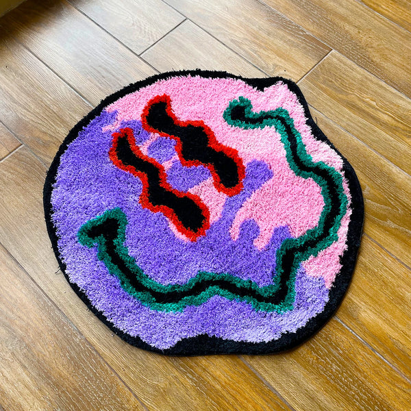 trippy holographic smiley emoji smiling face tufted rug area rug home decor maximalist fun homewares interior