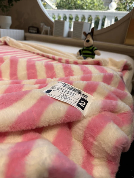 striped plush fleece blanket throw sofa bedding bedroom living room maximalist decor blue green pink cute colorful homewares