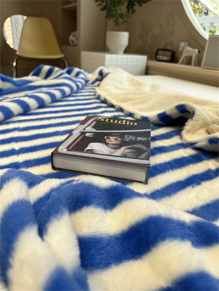 striped plush fleece blanket throw sofa bedding bedroom living room maximalist decor blue green pink cute colorful homewares