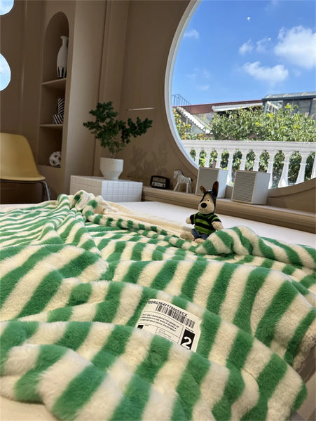 striped plush fleece blanket throw sofa bedding bedroom living room maximalist decor blue green pink cute colorful homewares