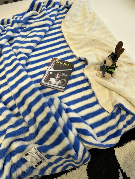 striped plush fleece blanket throw sofa bedding bedroom living room maximalist decor blue green pink cute colorful homewares