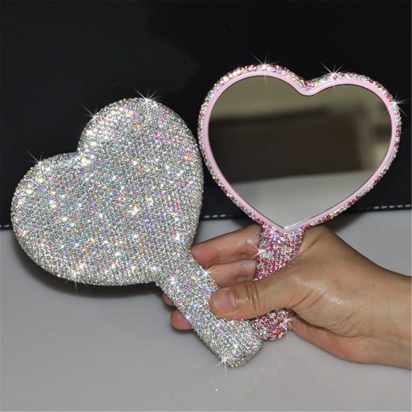 rhinestone sparkling sparkle glitter diamond handheld hand mirror vanity accessories cute heart shaped round square girly princess decor