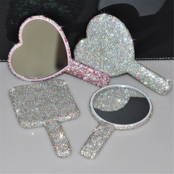 rhinestone sparkling sparkle glitter diamond handheld hand mirror vanity accessories cute heart shaped round square girly princess decor
