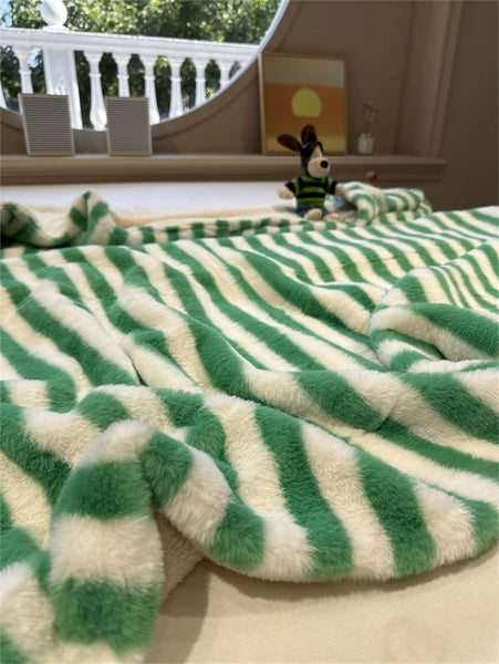 striped plush fleece blanket throw sofa bedding bedroom living room maximalist decor blue green pink cute colorful homewares
