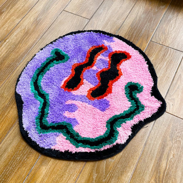 trippy holographic smiley emoji smiling face tufted rug area rug home decor maximalist fun homewares interior