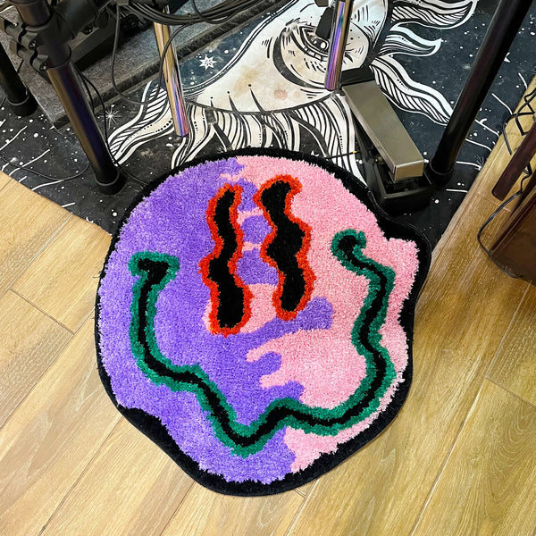 trippy holographic smiley emoji smiling face tufted rug area rug home decor maximalist fun homewares interior