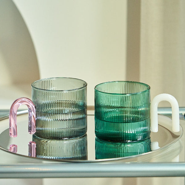 colorful colourful ripple glass mug cup tea and coffee with unique handle pastel kitchen accessories glass mug