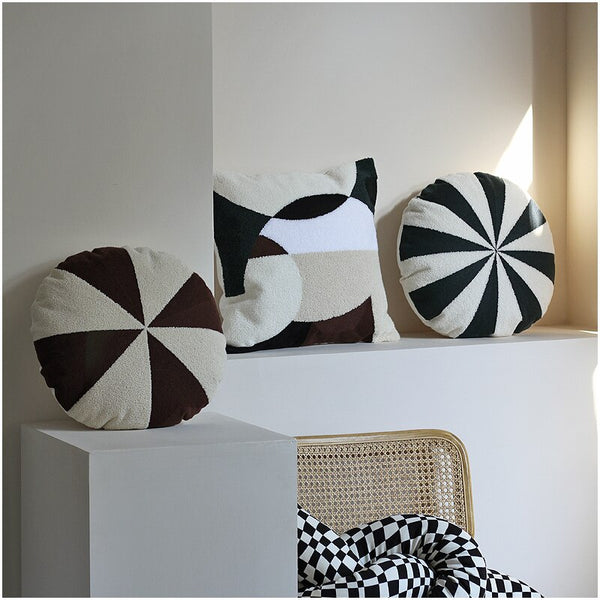 tufted round and square throw pillow sofa cushion covers soft cotton minimal style black and white pattern decor