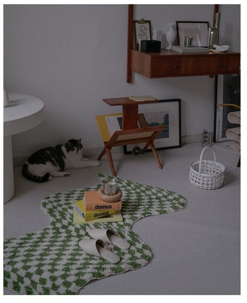 squiggle wavy tufted carpet area rug checkerboard checkers grids fun home decor y2k homewares retro vintage inspired colorful colourful maximalist