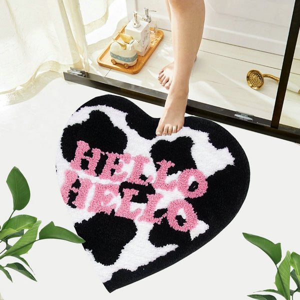 heart shaped cow print hello hello area rug bath mat bathroom rug home decor homewares tufted soft rugs