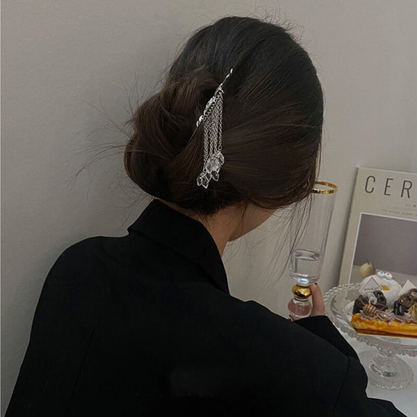 crystal tassel silver hair stick hair fork updo y2k