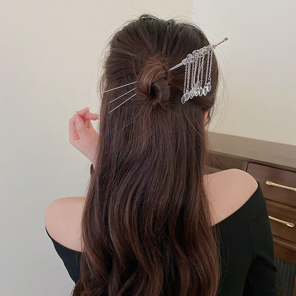 crystal tassel silver hair stick hair fork updo y2k