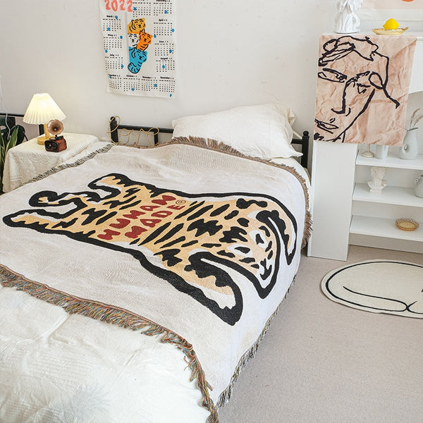 tiger fun print orange throw woven blanket tapestry couch living room bedroom decor soft cotton