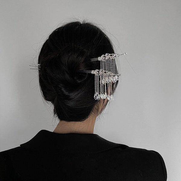 crystal tassel silver hair stick hair fork updo y2k