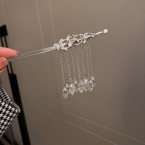 crystal tassel silver hair stick hair fork updo y2k