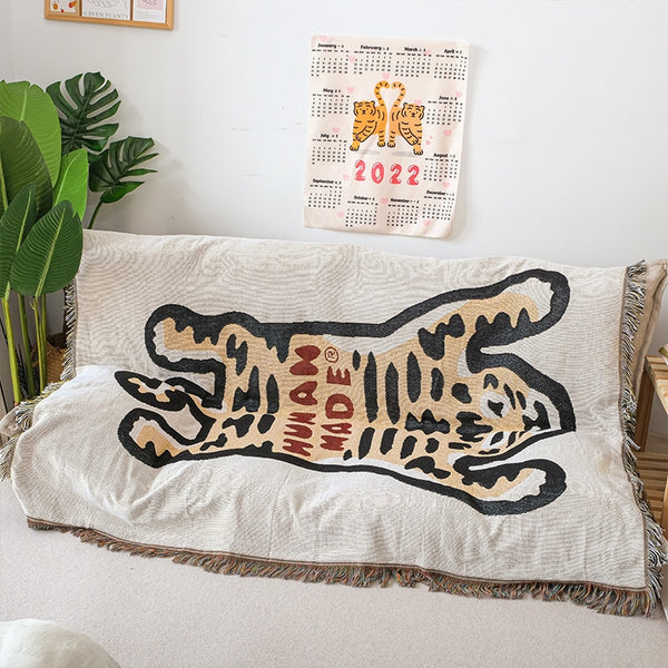 tiger fun print orange throw woven blanket tapestry couch living room bedroom decor soft cotton