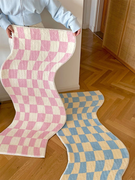pastel color colour checkerboard checkers wavy irregular area rug mat home decor