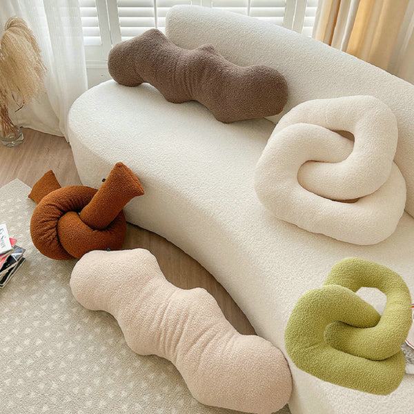 knot twist chain squiggle worm plush throw pillows decorative cushions neutral tones fun shaped earthy minimal nordic home decor living room sofa styling