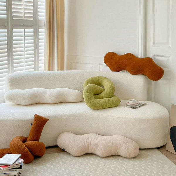 knot twist chain squiggle worm plush throw pillows decorative cushions neutral tones fun shaped earthy minimal nordic home decor living room sofa styling