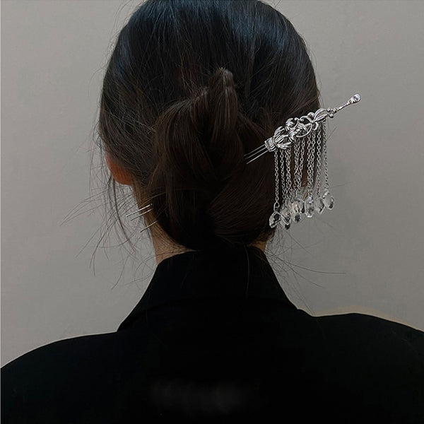 crystal tassel silver hair stick hair fork updo y2k