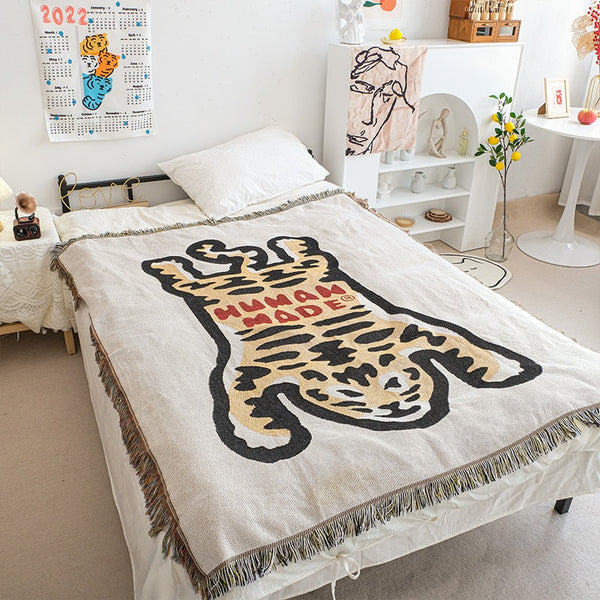tiger fun print orange throw woven blanket tapestry couch living room bedroom decor soft cotton