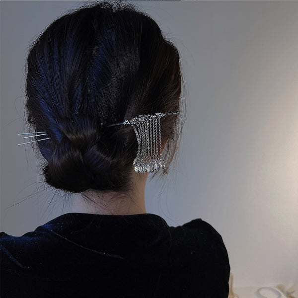 crystal tassel silver hair stick hair fork updo y2k