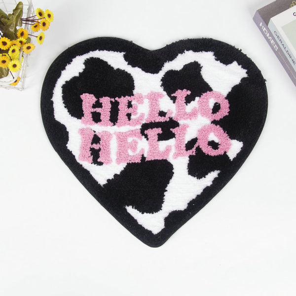 heart shaped cow print hello hello area rug bath mat bathroom rug home decor homewares tufted soft rugs