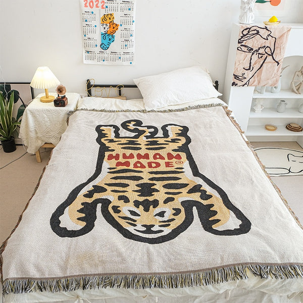 tiger fun print orange throw woven blanket tapestry couch living room bedroom decor soft cotton