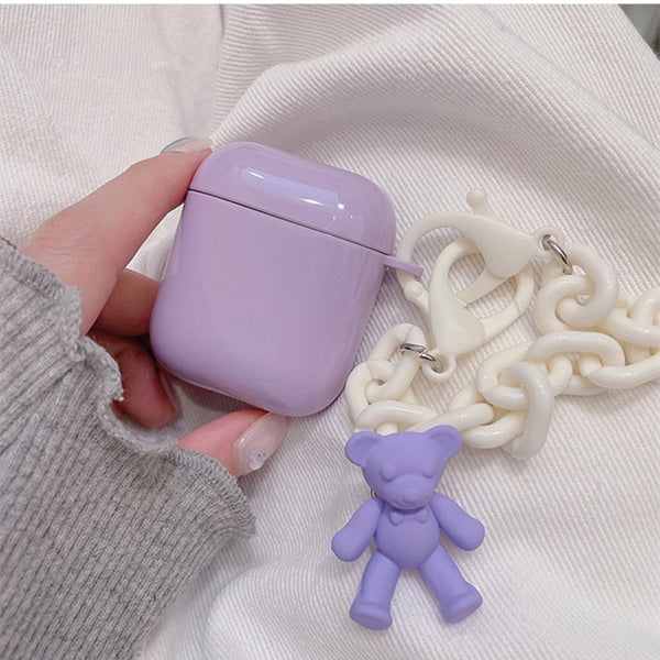 purple teddy bear chain strap apple airpod case