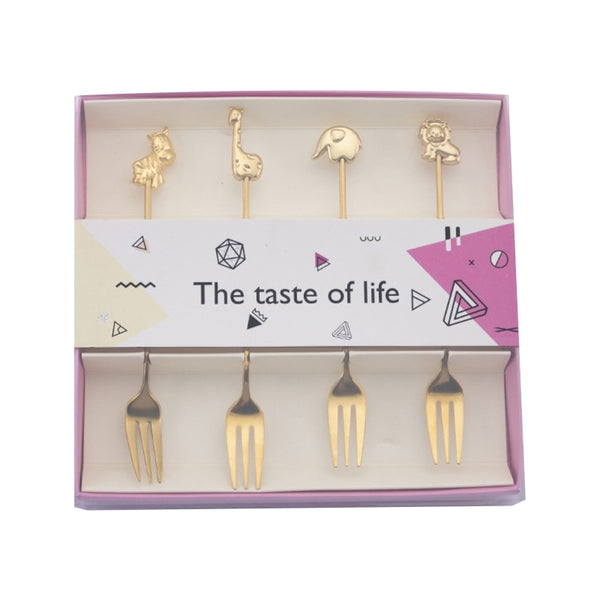 gold steinless steel dessert fork set of 4 cutlery animal decorated