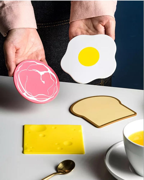 egg ham bread cheese breakfast kawaii coaster set fun silicone kitchen homeware