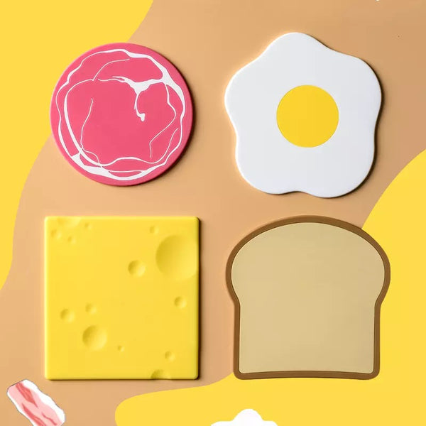 egg ham bread cheese breakfast kawaii coaster set fun silicone kitchen homeware