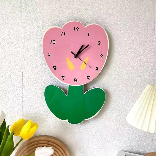 flower daisy tulip wall decor clock nursery bedroom decor children room cartoon cute pink spring accessories