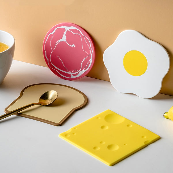 egg ham bread cheese breakfast kawaii coaster set fun silicone kitchen homeware